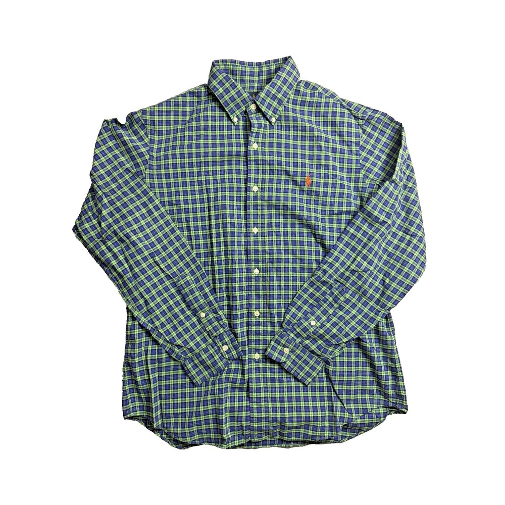 Ralph Lauren Shirt Men L Green Orange‎ Blue Plaid Cotton Stretch Preppy Pony